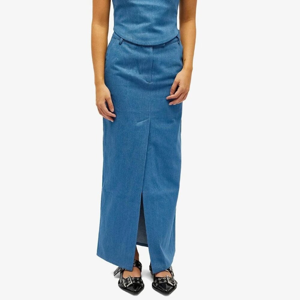 Aya Muse Colia Blue Denim Slit Front Maxi Skirt NWT $880, Size XS